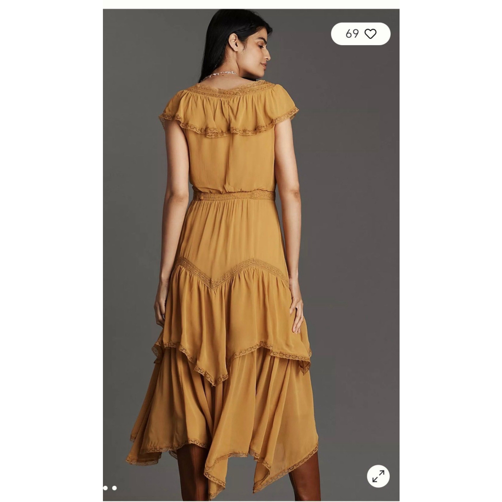 Anthropologie|Golden Mustard Ruffle Boho Midi Dress | Romantic Flowy | Med & Lg - Picture 3 of 5